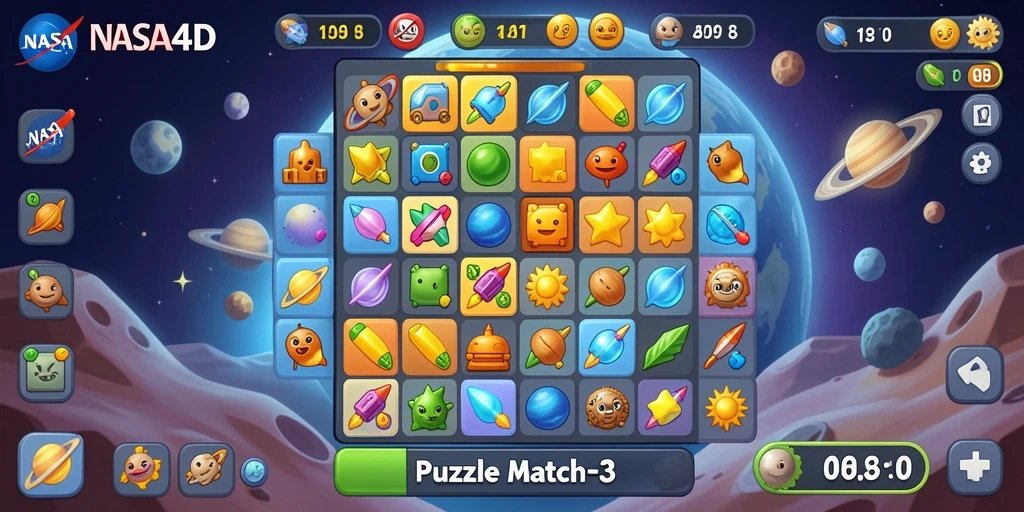 Antarmuka menarik dari game Puzzle Match-3 NASA4D yang menampilkan level penuh warna.
