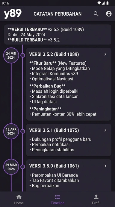 Tampilan riwayat versi y89